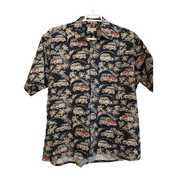 Pierre Cardin Other - Pierre Cardin Hawaiian Camp Shirt Mens XL Black 50s Roadmaster Woodie Surf Wagon